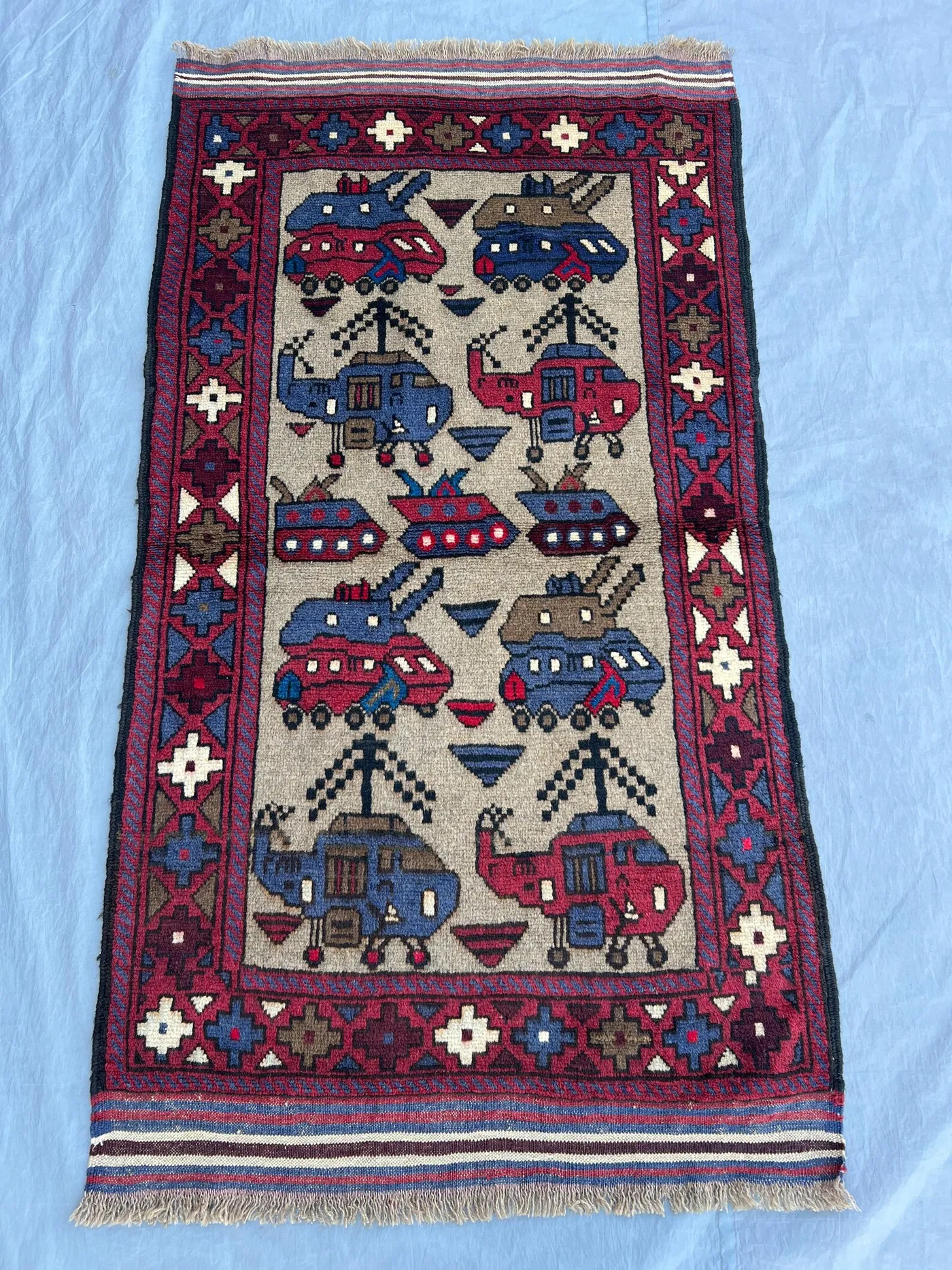 2'11x5'4 ft Vintage Afghan Hand-Knotted Pictorial War Rug, Military Helicopters, Soft Pile, Boho Accent, Handwoven Decorative Rug Home Decor