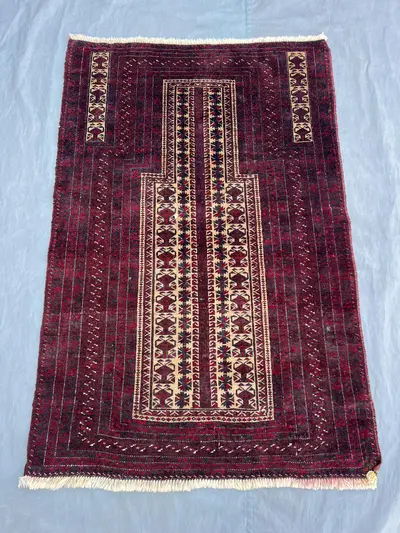 Red 2'11" x 6'4" Vintage Afghan Baluchi Prayer Rug, Hand-Knotted Wool, Mihrab Geometric Design, Soft  Pile for