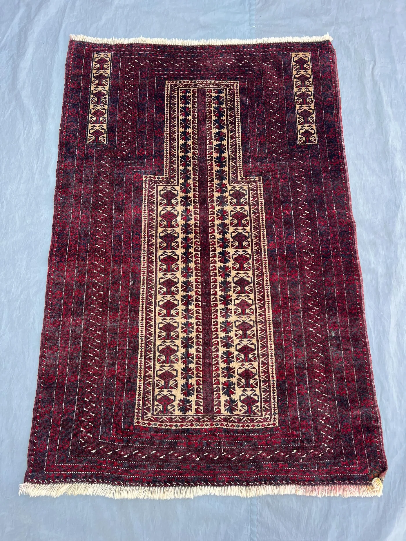 Red 2'11" x 6'4" Vintage Afghan Baluchi Prayer Rug, Hand-Knotted Wool, Mihrab Geometric Design, Soft Pile for Prayer Space, Bedroom