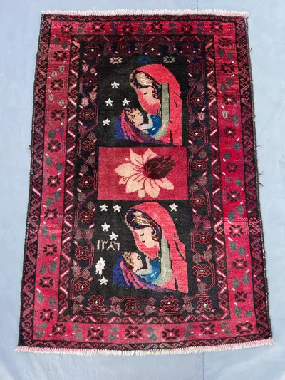 Red/Black 2'9" x 4' Antique Afghan Pictorial Rug, Hand-Knotted Wool, Madonna & Child Design,   Wall Hanging, S