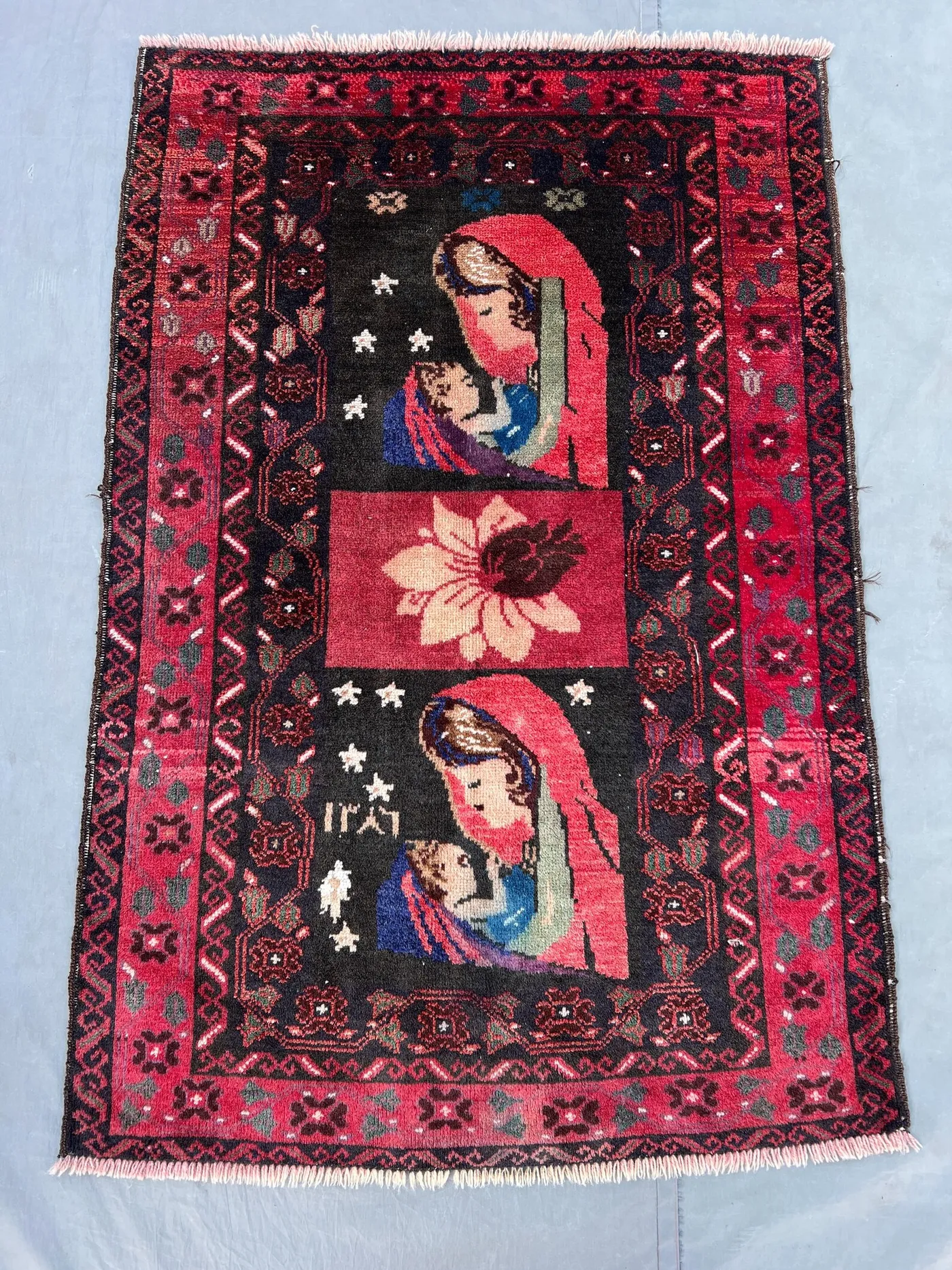 Red/Black 2'9" x 4' Antique Afghan Pictorial Rug, Hand-Knotted Wool, Madonna & Child Design, Wall Hanging, Small Accent, Home Decor