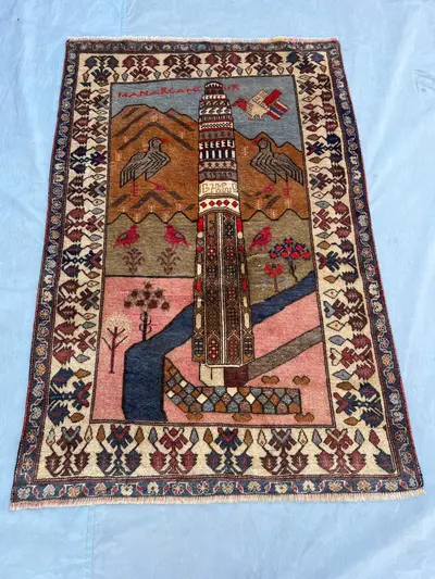3'11 x 5'11 ft Vintage Afghan Baluchi Handknotted Pictorial Rug, Lighthouse & Animal Print, Boho Decor, Tribal
