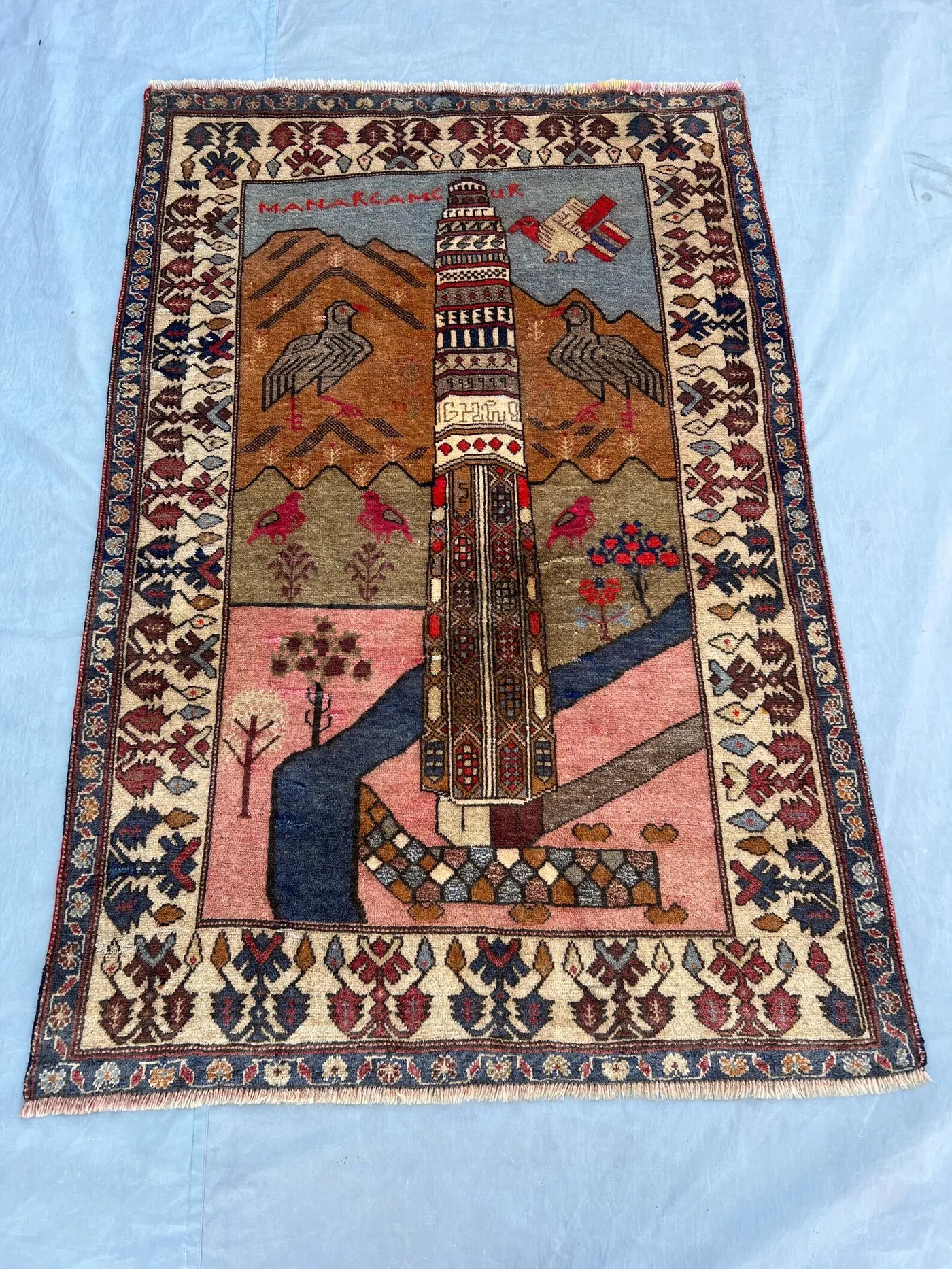 3'11 x 5'11 ft Vintage Afghan Baluchi Handknotted Pictorial Rug, Lighthouse & Animal Print, Boho Decor, Tribal Accent Rug, Wool Wall Hanging
