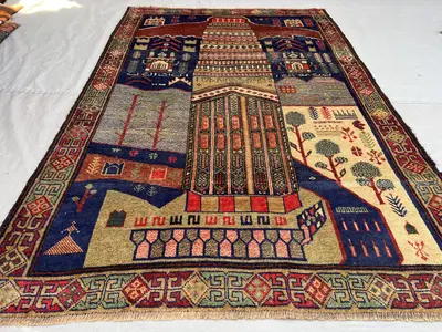 4'4x6'4 ft Vintage Afghan Pile Pictorial Rug | Handknotted Lighthouse And Landscape Scene | Navy Blue & Multic