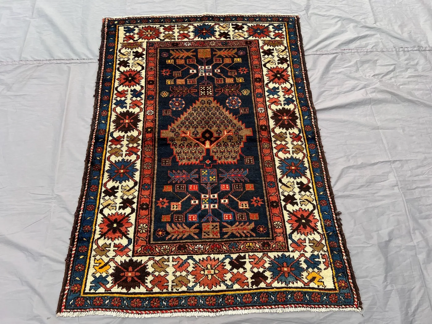 Antique Afghan Hand-Knotted Wool Rug 4x5 ft, Tribal Turkmen Carpet, Caucasian Design Vintage Area Rug for Home Decor, Small Accent Rare Rug