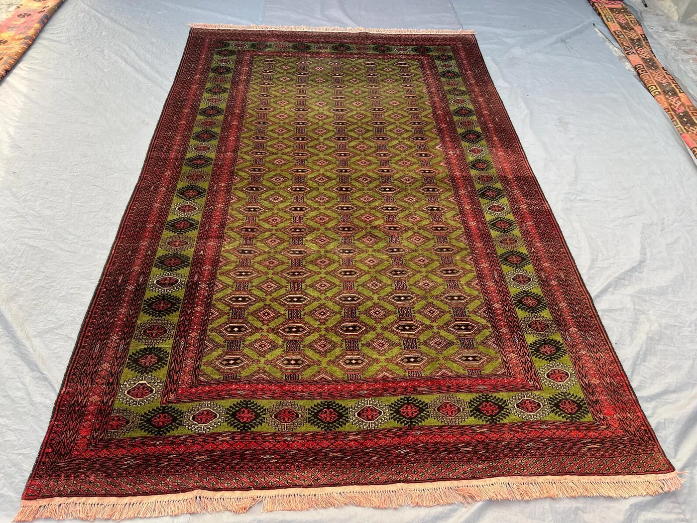 Green Afghan Zahir Shahi Rug, 6'5x10'3 ft Faded Hand Knotted Wool Carpet, Turkmen Style Nomadic Art Rug, Bedroom Rug, Tribal Floor Decor