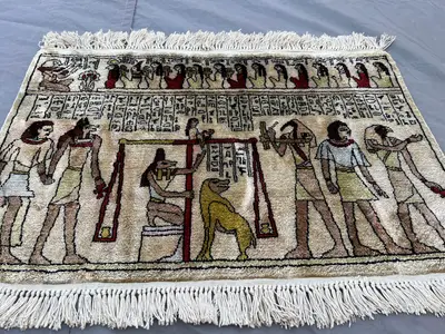 1'6x2'3 Ft Vintage Afghan Egyptian Scene Rug Handwoven Wool Pile Figural Hieroglyphic Pharaoh Ivory Beige Red 