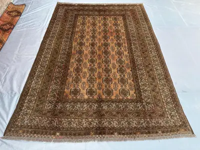 6.7x9.3 ft Antique Turkmen Bukhara Rug Afghan Ersari Hand-Knotted Wool Tribal Carpet, Turkish Rare Rug, Morocc