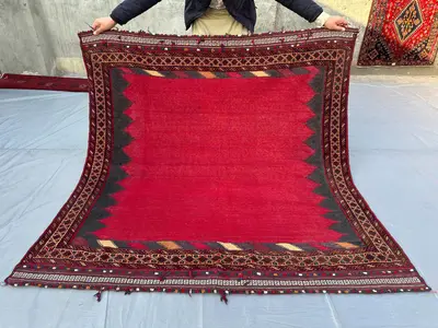 5x5 Vintage Turkmen Square Kilim Rug Afghan Tribal Handmade Kilim, Unique Red Accent Floor Decor, Turkish Styl
