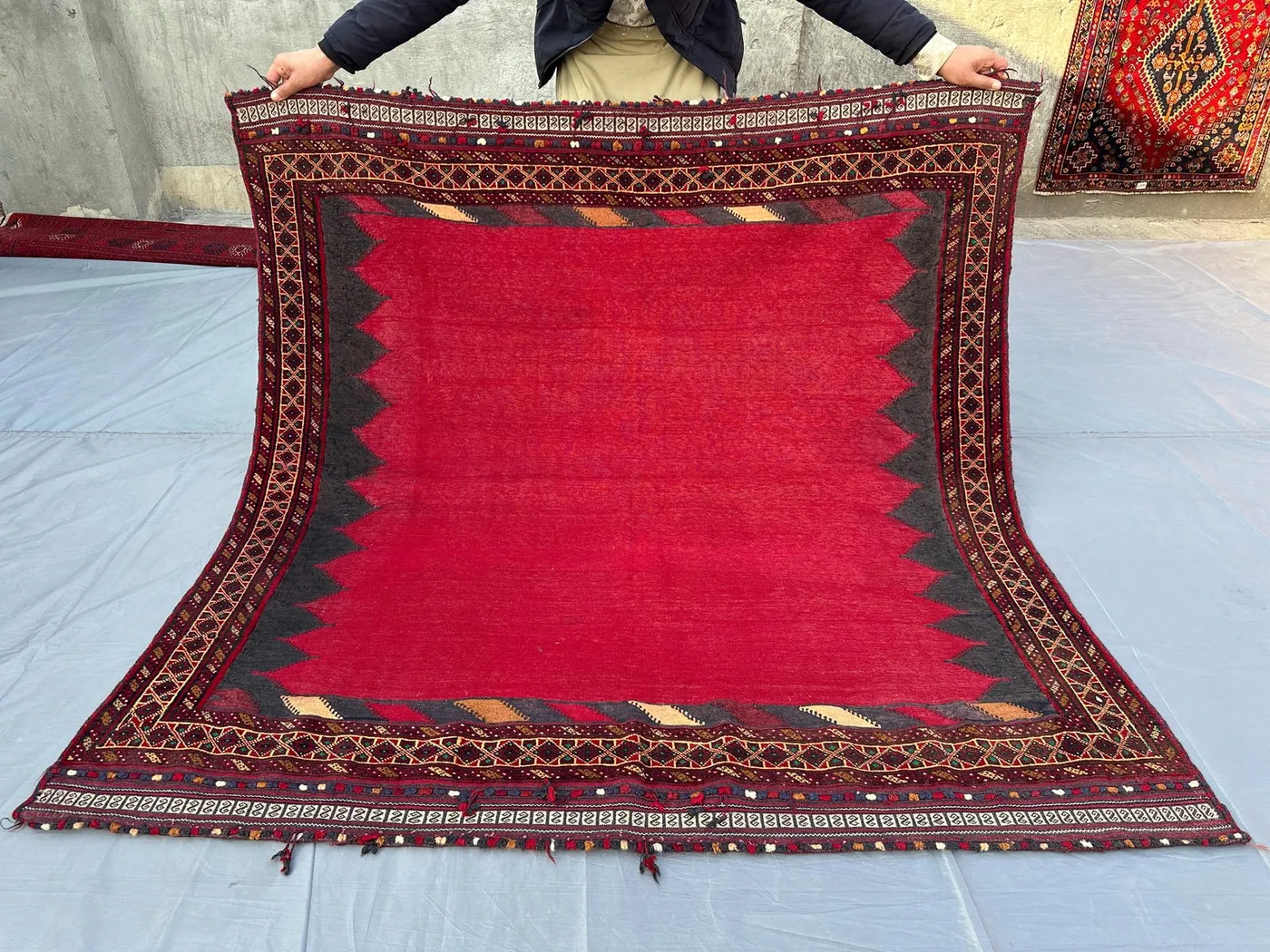 5x5 Vintage Turkmen Square Kilim Rug Afghan Tribal Handmade Kilim, Unique Red Accent Floor Decor, Turkish Style Kilim Rug, Rustic Baho Decor