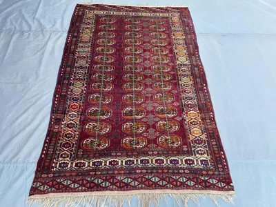 4.9x7.5 ft Antique Turkmen Bukhara Rug, Tribal Afghan Hand-Knotted Wool Carpet, Geometric Boho Area Rug, Vinta