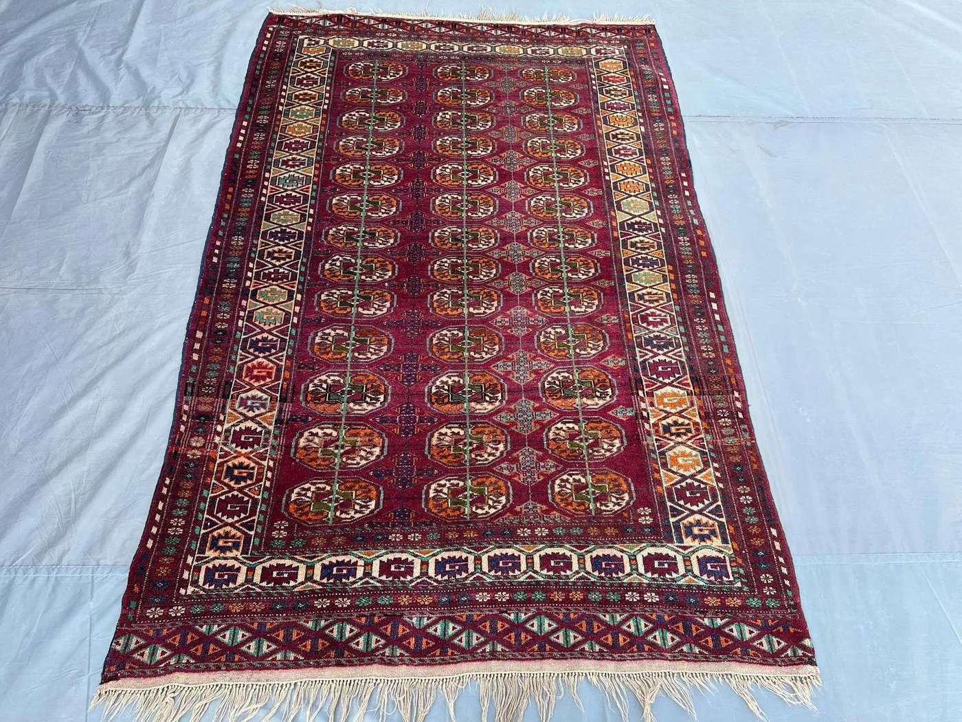 4.9x7.5 ft Antique Turkmen Bukhara Rug, Tribal Afghan Hand-Knotted Wool Carpet, Geometric Boho Area Rug, Vintage Moroccan Style Decor Rug