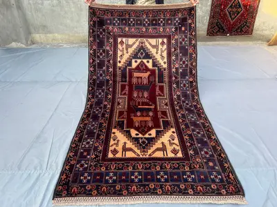 Vintage 4x7.4 ft Afghan Baluch Rug – Hand-Knotted Turkmen Wool Carpet – Pictorial Animal Design Tribal Rug for