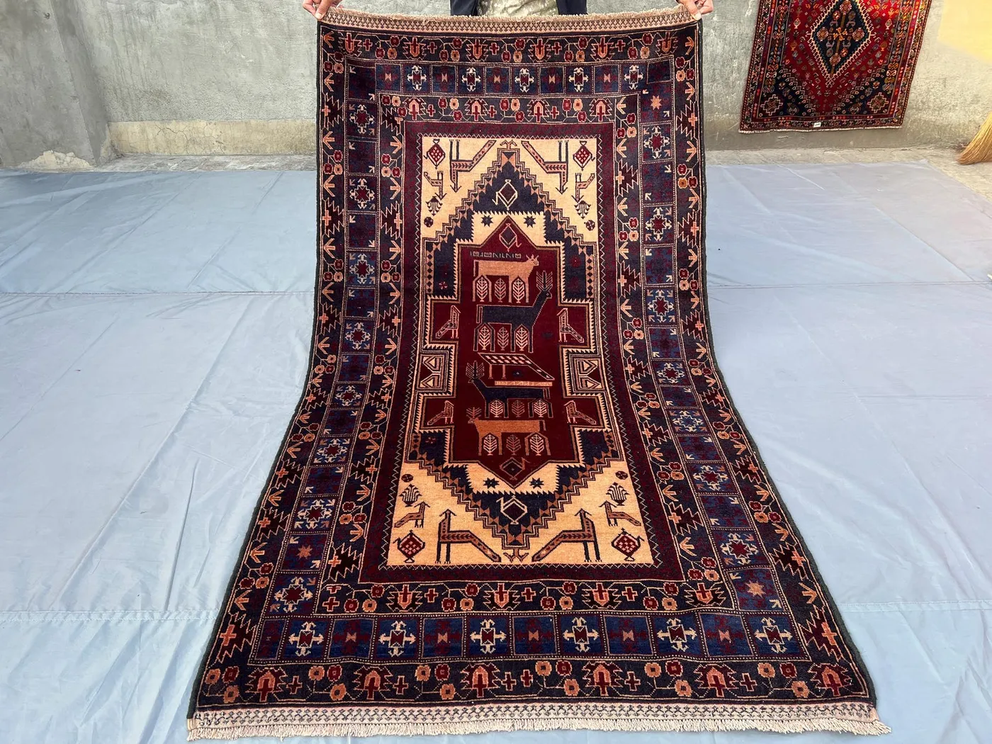 Vintage 4x7.4 ft Afghan Baluch Rug – Hand-Knotted Turkmen Wool Carpet – Pictorial Animal Design Tribal Rug for Rustic Décor, Turkish Rug