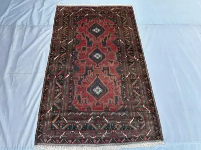 4x6 ft Vintage faded Rug Afghan Handmade Wool Area Rug, Caucasian Style Geometric Old Baluch Rug, Turkmen Orie