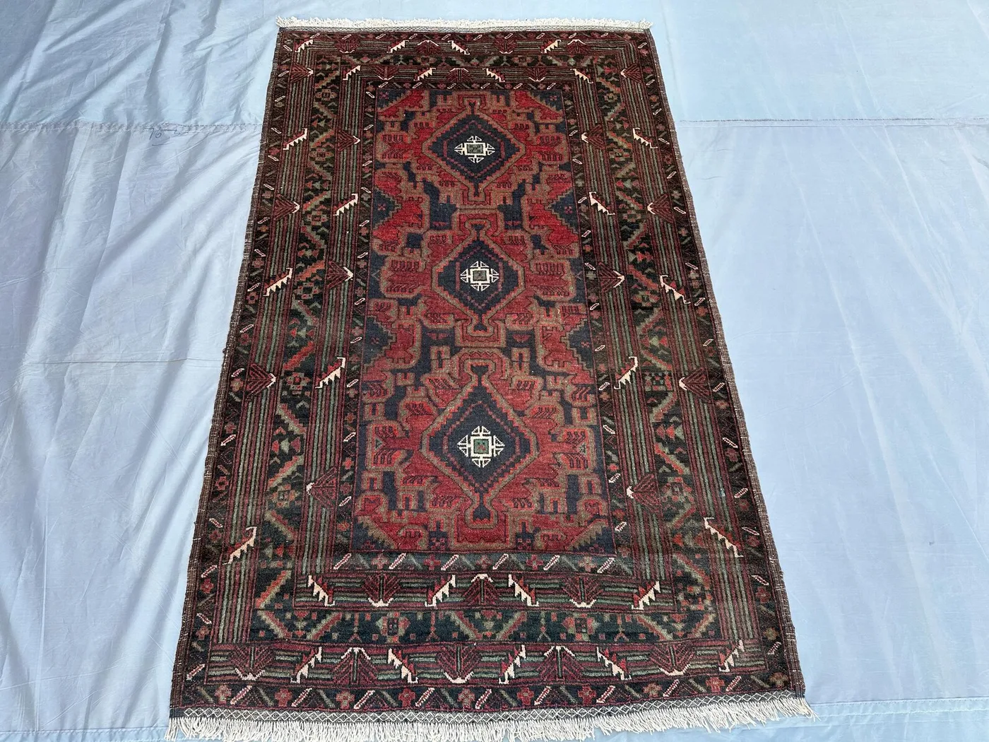 4x6 ft Vintage faded Rug Afghan Handmade Wool Area Rug, Caucasian Style Geometric Old Baluch Rug, Turkmen Oriental Rug, Kitchen Carpet