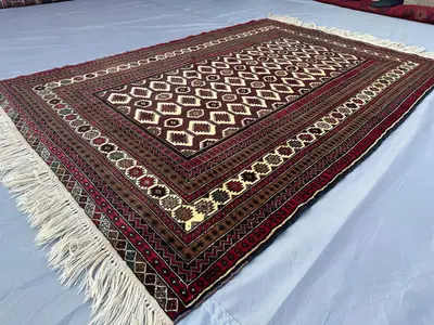 4.2x6 ft Vintage Afghan Tribal Baluch Rug Hand-Knotted Wool Geometric Design Red Cream Brown Rug Living Room D