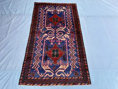 4x7.4 ft Antique Afghan Baluch Rug Hand-Knotted Tribal Wool Carpet Vibrant Blue Geometric Design Vintage Afgha
