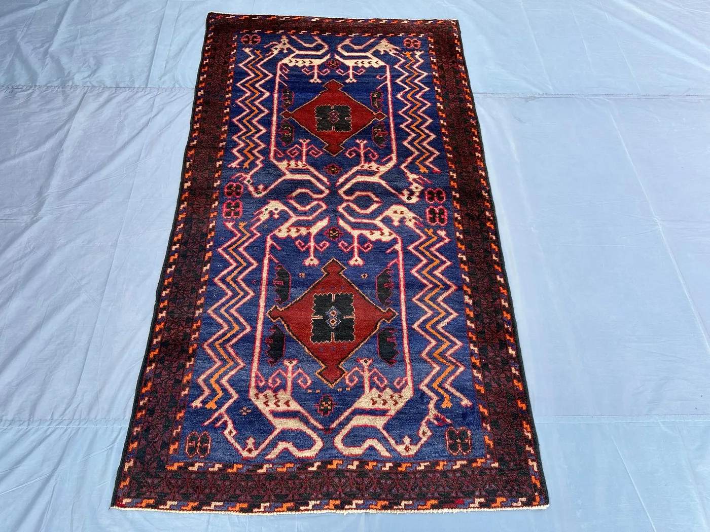 4x7.4 ft Antique Afghan Baluch Rug Hand-Knotted Tribal Wool Carpet Vibrant Blue Geometric Design Vintage Afghan Decor, Kitchen Rug, Baho Rug