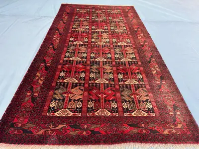 3.6x6.4 ft Antique Turkmen Ersari Rug Hand Knotted Afghan Tribal Wool Carpet Vintage Nomadic Geometric Red Bla