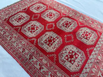 Vintage Turkoman Afghan Hand-Knotted Rug 2.8x3.10 ft, Red & Beige Tribal Wool Carpet, Boho Accent Piece for Sm