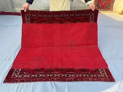 4x4 ft Vintage Turkmen Square Rug Afghan Tribal Handmade Kilim Rug Unique Red Accent Floor Decor, Turkish Styl