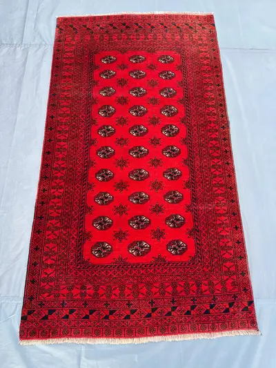 3.4x6.3 ft Vintage Turkoman Afghan Hand Knotted Rug, Mowri Design, Bukhara Rug, Red Tribal Carpet, Geometric W