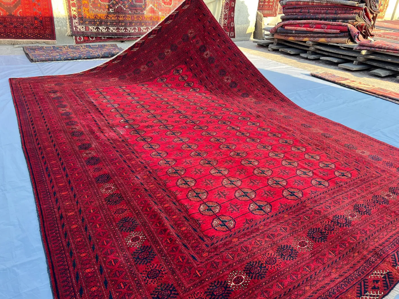 Antique 7x10 ft Turkmen Bukhara Rug – Hand-Knotted Afghan Wool Carpet – Tribal Mowri Design Vintage Red Area Rug for Boho Décor Moroccan Rug
