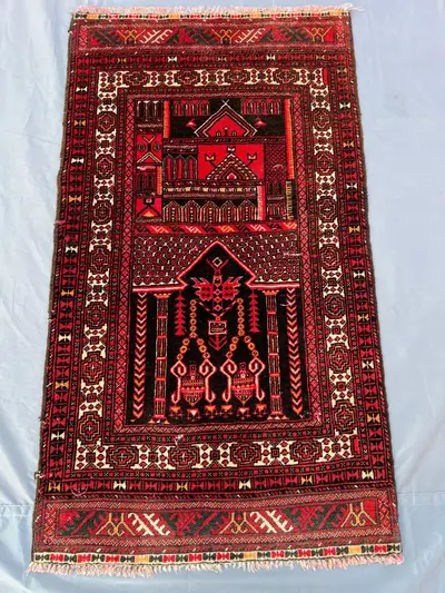 Antique 2.3x4 ft Turkmen Prayer Rug – Afghan Tribal Hand-Knotted Wool Carpet – Vintage Geometric Design for Bo