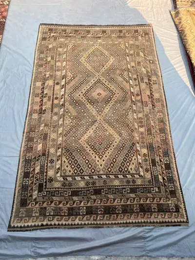 8.1x12.6 ft Afghan Handmade Wool Kilim Rug, Geometric Tribal Pattern, Turkish-Style Large Area Rug, Earth-Tone