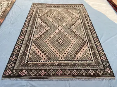 6.8x9.6 ft Afghan Handmade Kilim Rug - Turkish Style Kilim, Geometric Tribal Pattern, Neutral Tones, 100% Wool