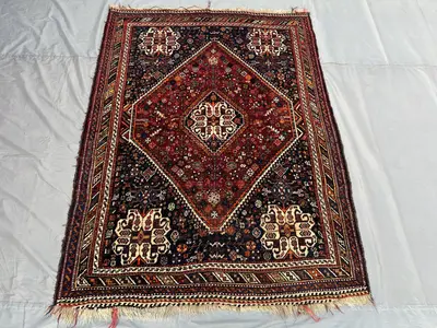 4'9x6'3 Persian-Style Qashqai Design Rug | Hand-Knotted Afghan Wool | Navy Boteh 1930s Antique Tribal Rug