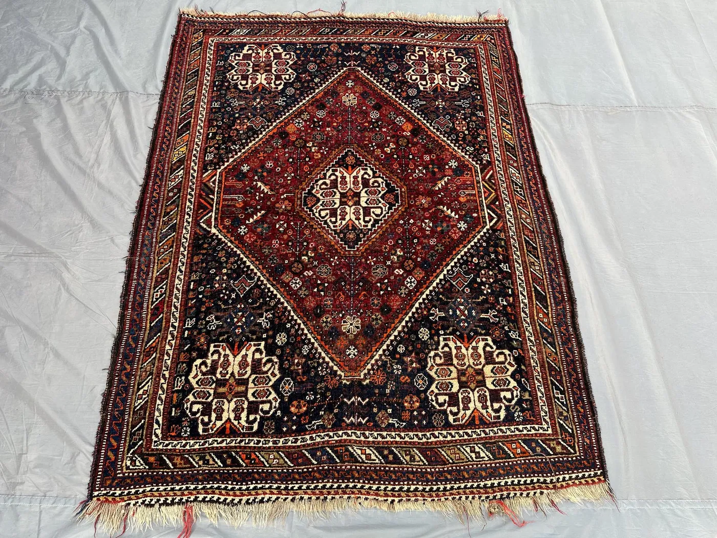 4'9x6'3 Persian-Style Qashqai Design Rug | Hand-Knotted Afghan Wool | Navy Boteh 1930s Antique Tribal Rug