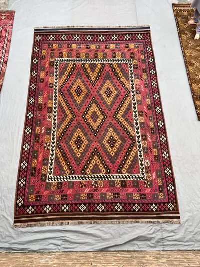 8'4x13'10 Antique Afghan Kilim Rug, Oversized Flatweave Rug, Faded Pink, Brown, Beige, Grey, Handwoven Tribal 