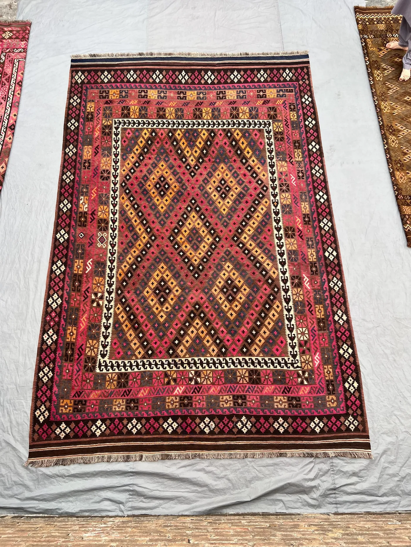 8'4x13'10 Antique Afghan Kilim Rug, Oversized Flatweave Rug, Faded Pink, Brown, Beige, Grey, Handwoven Tribal Rug, Geometric Bedroom Carpet