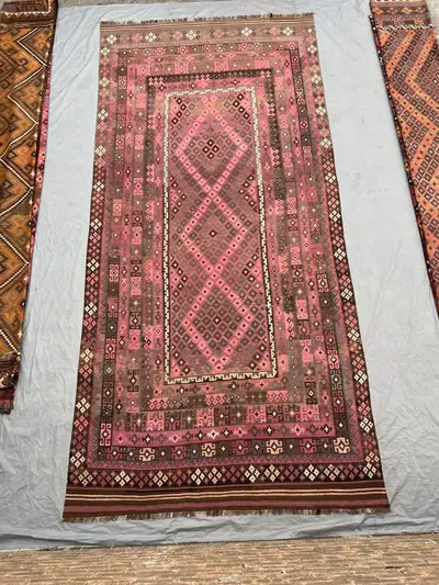 8x16 Afghan Handwoven Kilim Rug, Vintage Flat Weave Wool Carpet, Pink Oriental Palace Size Geometric Tribal Ar