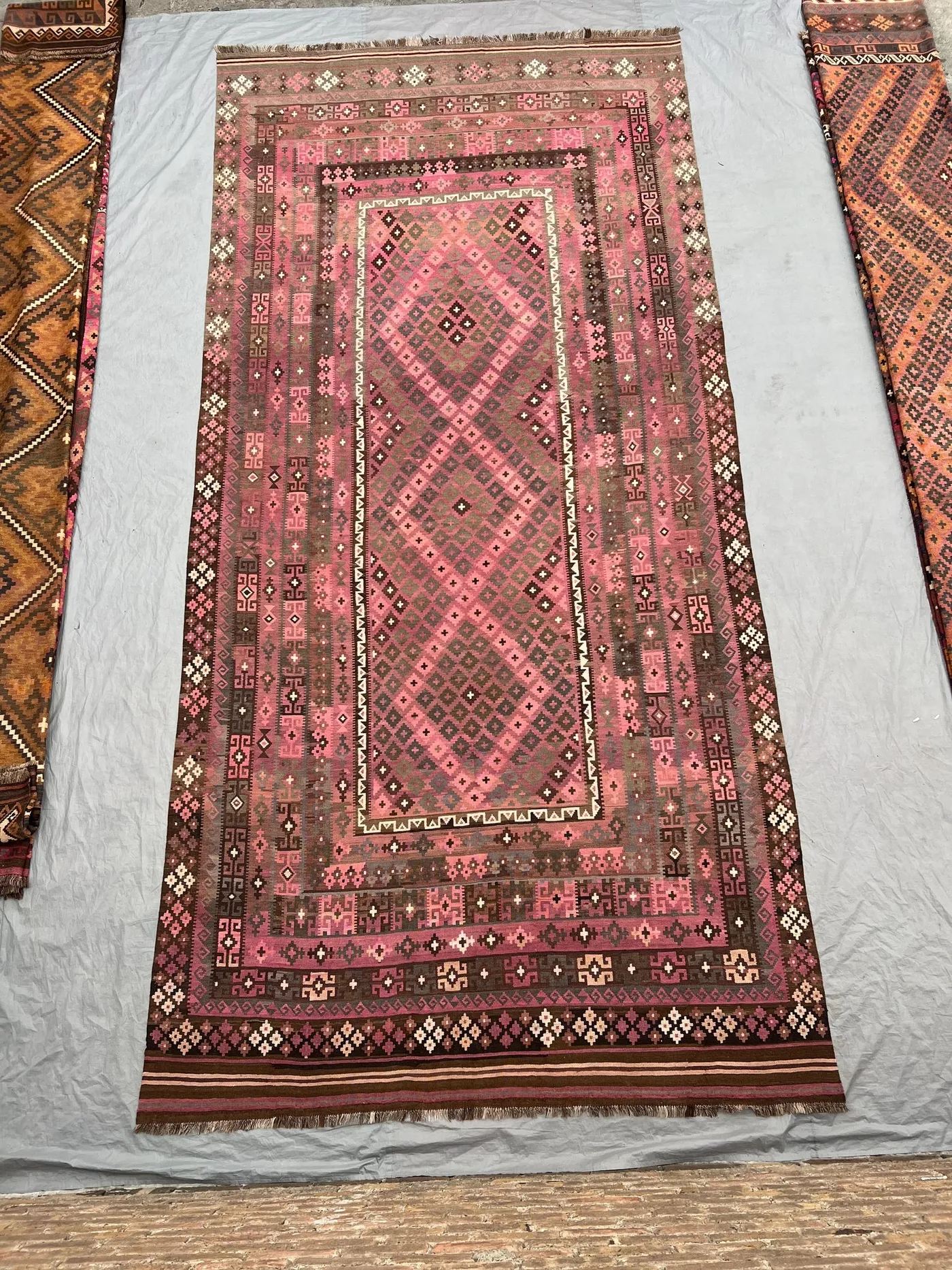 8x16 Afghan Handwoven Kilim Rug, Vintage Flat Weave Wool Carpet, Pink Oriental Palace Size Geometric Tribal Area Rug, for Living Room Rug,