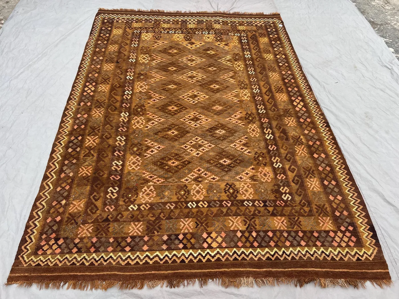 7x10 Vintage Afghan Kilim Rug, Terracotta Brown Handwoven Wool Carpet, Large Oriental Tribal Geometric Flat Weave Area Rug Living Room Rug