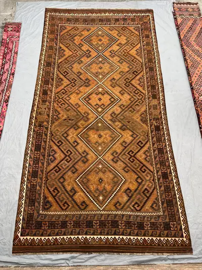 8x16 Baluch Design Oversized Rug | Hand-Knotted Afghan Wool | Camel Gold Latch-Hook Diamond Antique Carpet