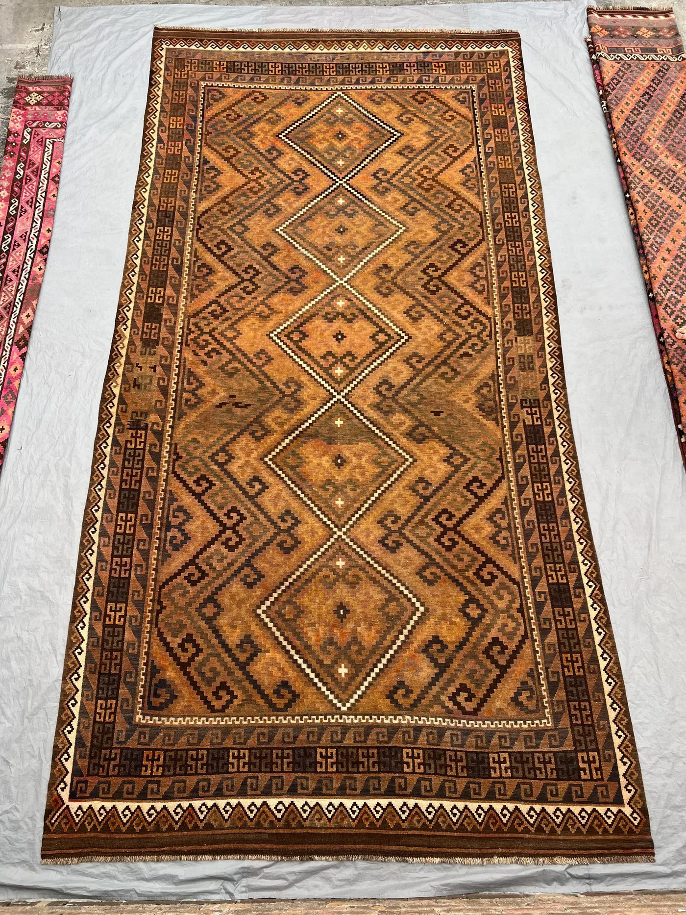 8x16 Baluch Design Oversized Rug | Hand-Knotted Afghan Wool | Camel Gold Latch-Hook Diamond Antique Carpet