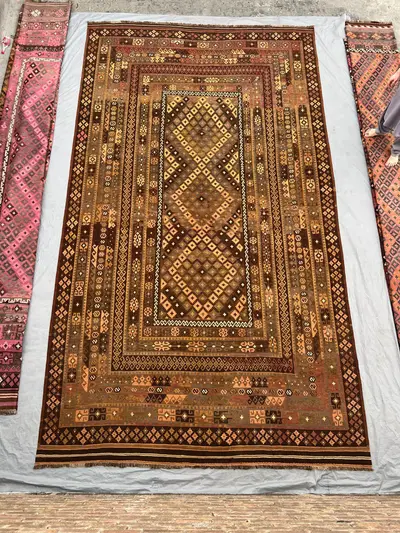 10 x 17 Antique Afghan Kilim Rug, Oversized Handwoven Flatweave Rug, Old Faded Terracotta, Brown, Gold, Grey R