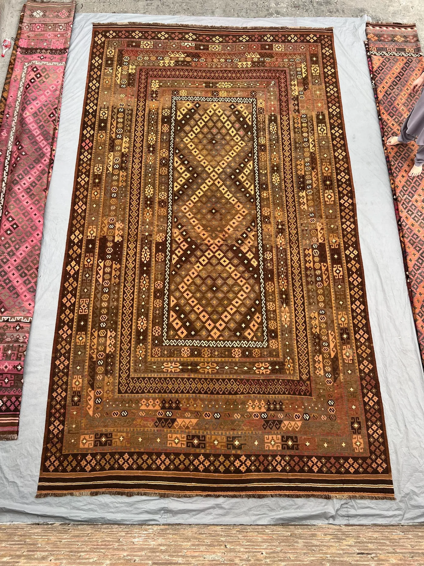 10 x 17 Antique Afghan Kilim Rug, Oversized Handwoven Flatweave Rug, Old Faded Terracotta, Brown, Gold, Grey Rug, Tribal Nomadic Rare Decor