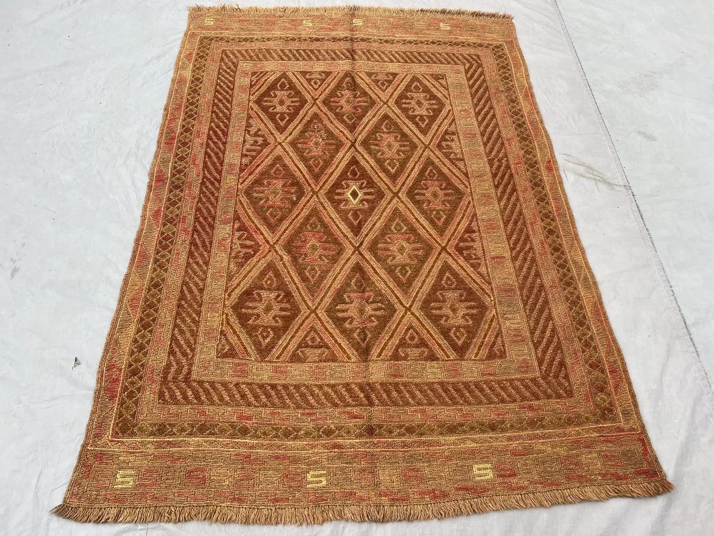 4'6x6'3 Antique Afghan Baluch Tribal Rug, Mishwani Wool Vintage Kilim Rug, Geometric Pattern, Handmade Carpet, Beige Faded Floor Rug