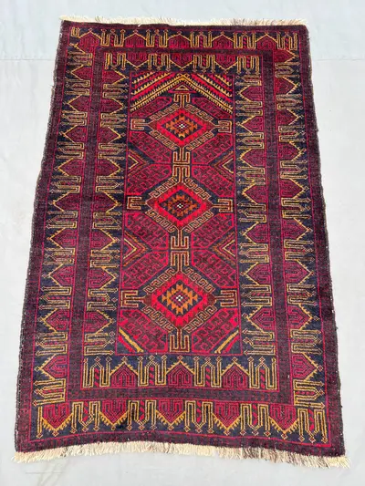 Vintage Afghan Rug 3x5 | Nomadic Fine Hand Knotted Wool | Moroccan Style Tribal Accent | Rustic Boho Small Are