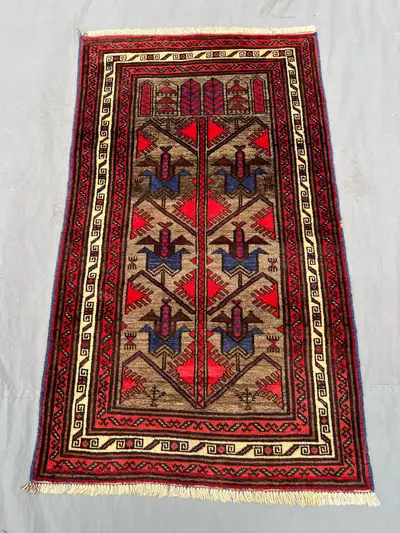 3x5 Vintage Afghan Tribal Rug | Hand Knotted Wool Carpet | Blue Red Prayer Design | Ethnic Boho Decor Mat | Or