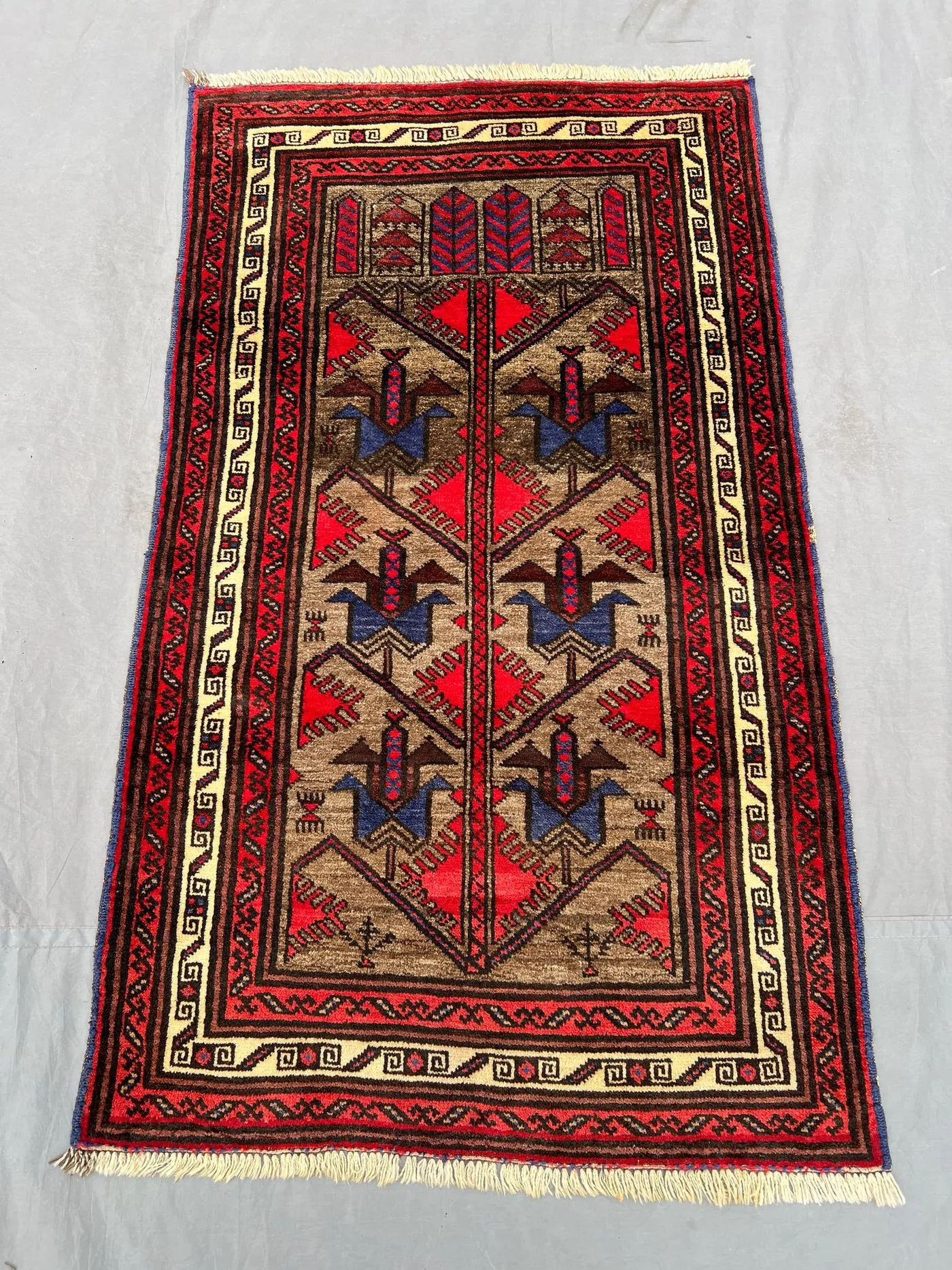 3x5 Vintage Afghan Tribal Rug | Hand Knotted Wool Carpet | Blue Red Prayer Design | Ethnic Boho Decor Mat | Oriental Accent Rug, Moss Rug