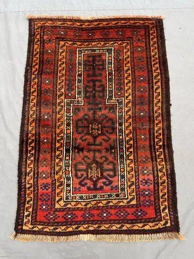 2'5x3'6 ft Afghan Baluchi Prayer Rug | Tribal Geometric Pattern | Handmade Wool Rug | Orange Islamic Accent De