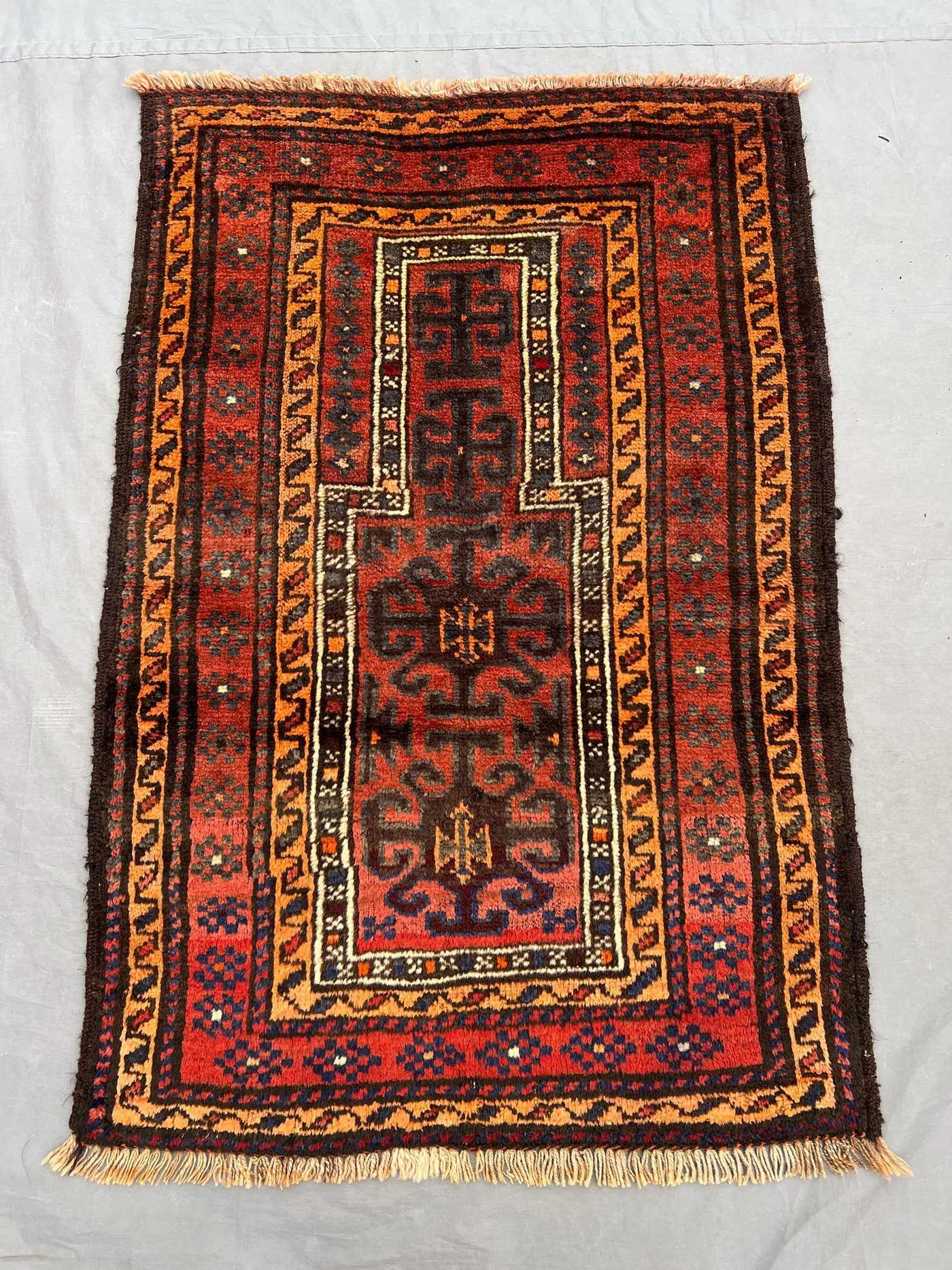 2'5x3'6 ft Afghan Baluchi Prayer Rug | Tribal Geometric Pattern | Handmade Wool Rug | Orange Islamic Accent Decor | Turkmen Vintage Carpet