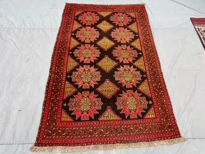 4x7 Rich Red Vintage Afghan Turkmen Bashiri Rug Hand-Knotted Wool Carpet, Tribal Geometric Design for Living R