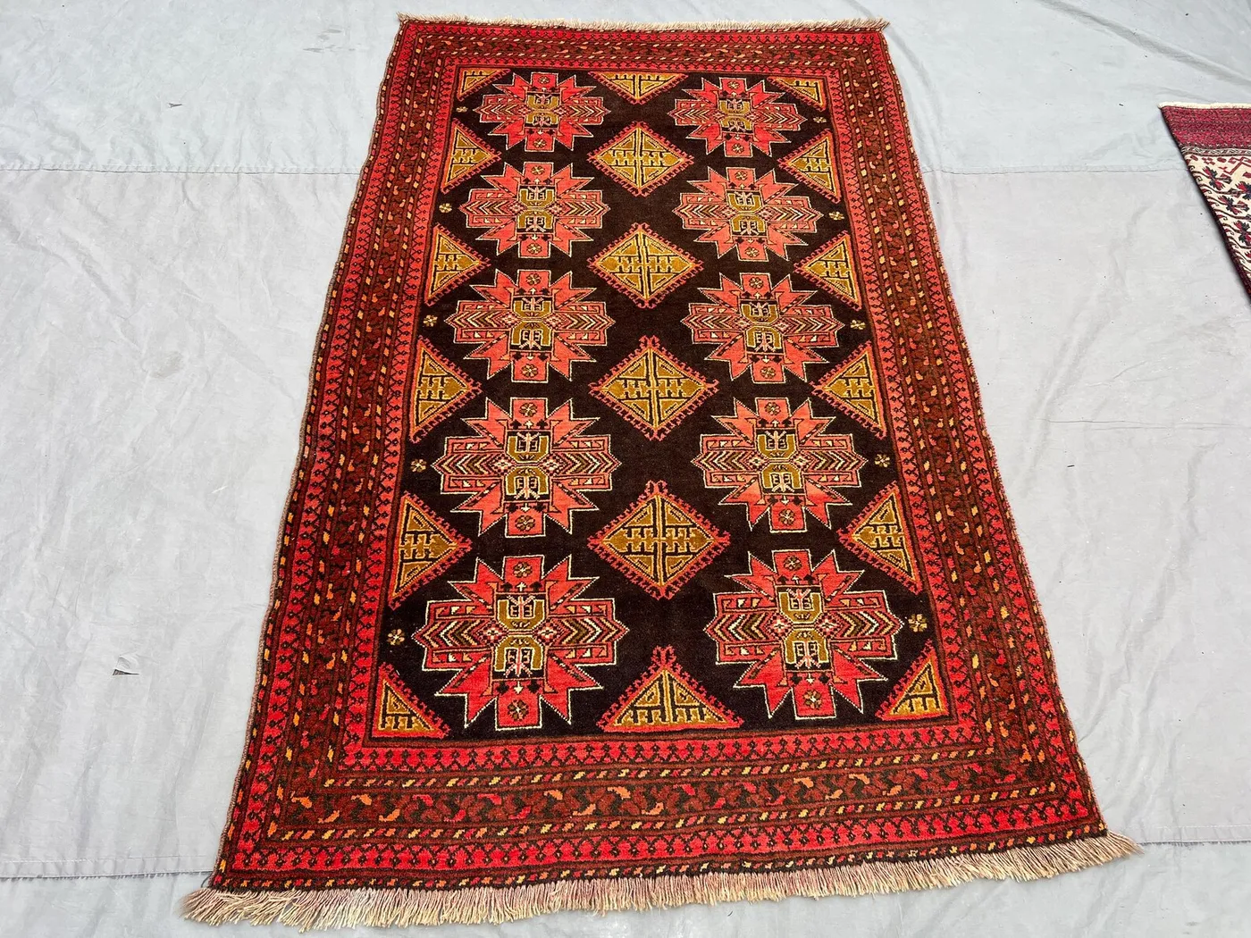 4x7 Rich Red Vintage Afghan Turkmen Bashiri Rug Hand-Knotted Wool Carpet, Tribal Geometric Design for Living Room Bedroom Decor, Kitchen Rug